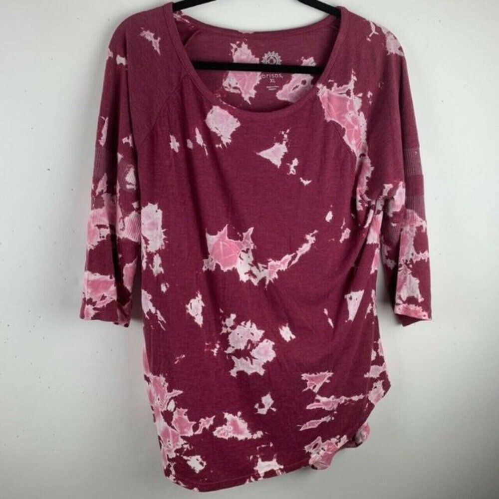 Brisas Size XL Womens Top Burgandy Tie Dye High Low Hem Tunic 3/4 Sleeve